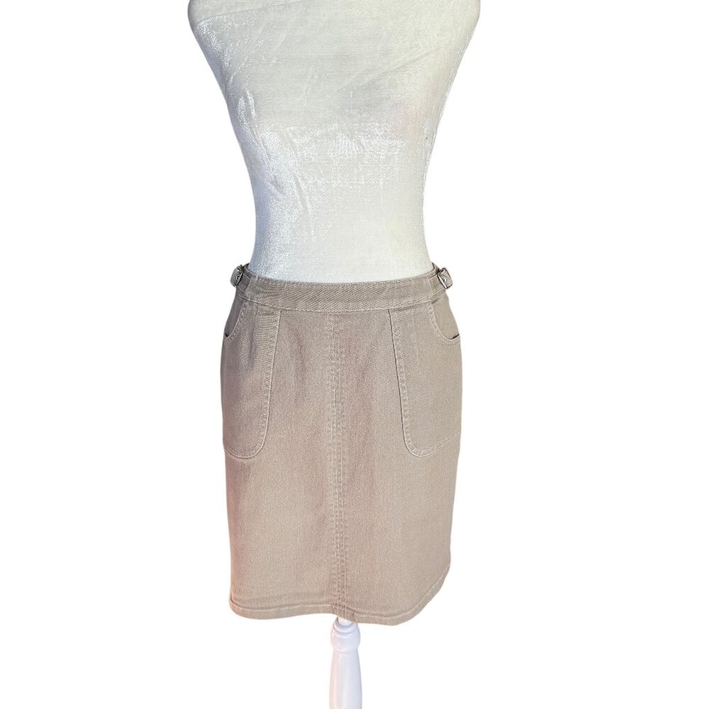 Ann Taylor LOFT stretch beige pull on zip closure denim knee length skirt size 4